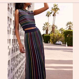 Pearl by Lela Rose Knit Skirt Two Piece Matching Set Navy Blue Rainbow Stripes